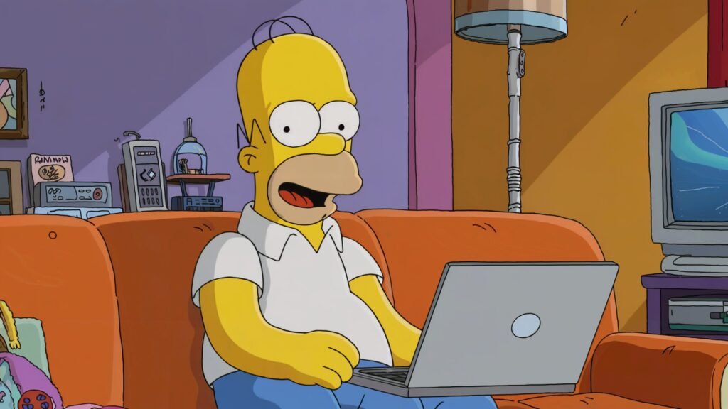 Homer Simpson on a couch with a laptop
